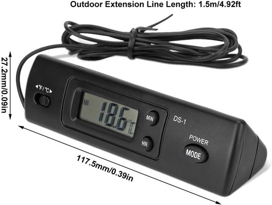 Auto Thermometer - Elektronische Klok - Dubbele Probe - Binnen en Buiten Temperatuur - Digitale Klok - Multifunctioneel - Hoge Nauwkeurigheid voor Voertuigen van Houzetta — afbeelding 5