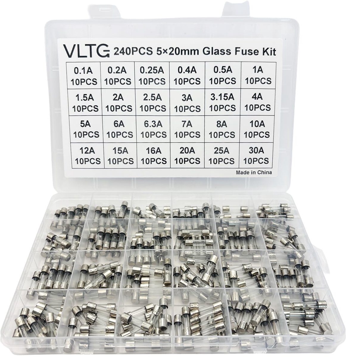 VLTG Glaszekering 5x20mm - Buiszekering - Snel (F) - 0.1A t/m 30A - Zekeringset 240 stuks