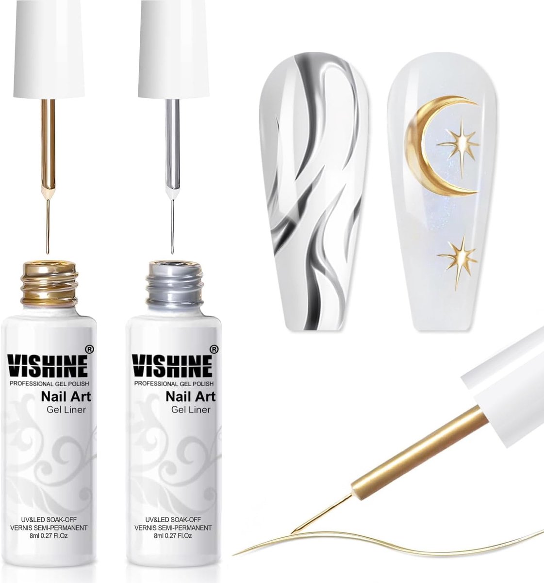 SnelShoppen - Vishine Gel Liner voor Nail Art Metallic Zilver Goud Brons - 2 Stuks Chrome Effect met Fijne Kwast voor Precieze Tekeningen French Manic