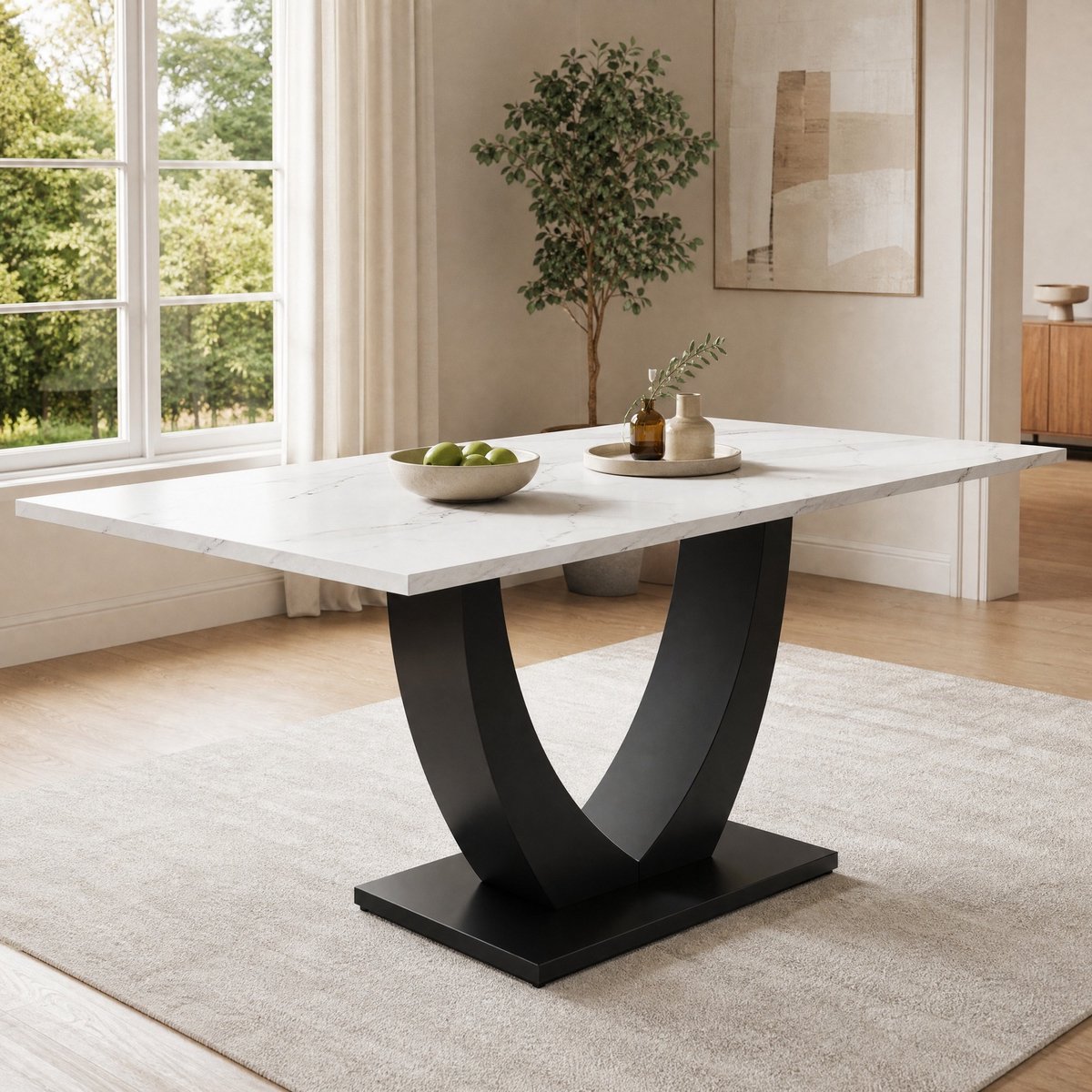 MEUNIQ rechthoekige eettafel 140 x 75,5 cm met marmerlook blad, metalen U-poot en verstelbare voeten, voor eetkamer, woonkamer of keuken in wit en zwart