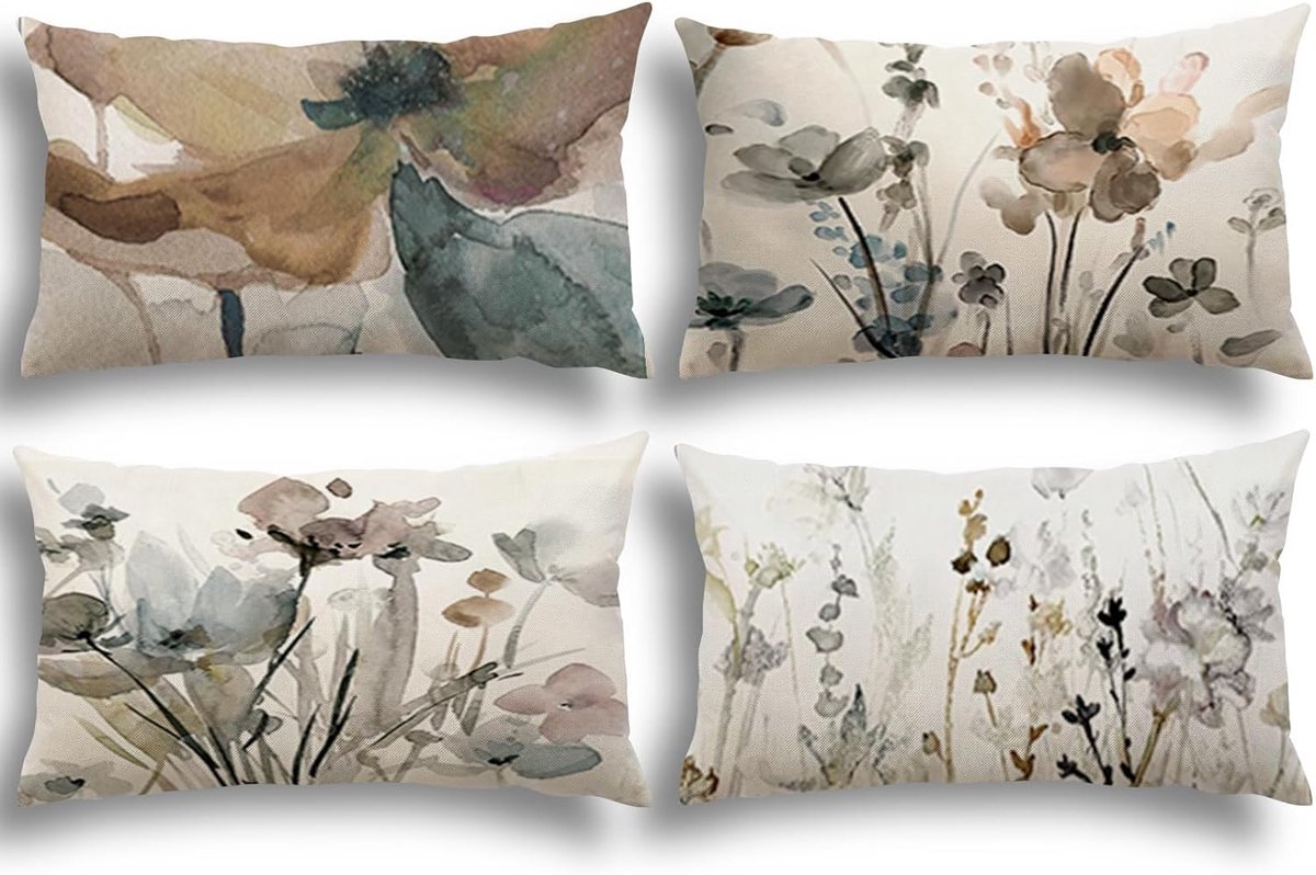 SnelShoppen - Set van 4 Kussenslopen 30 x 50 cm - Moderne Abstracte Bloem Waterverf - Linnen Sofa Kussens, Decoratieve Kussens voor Woonkamer, Slaapka