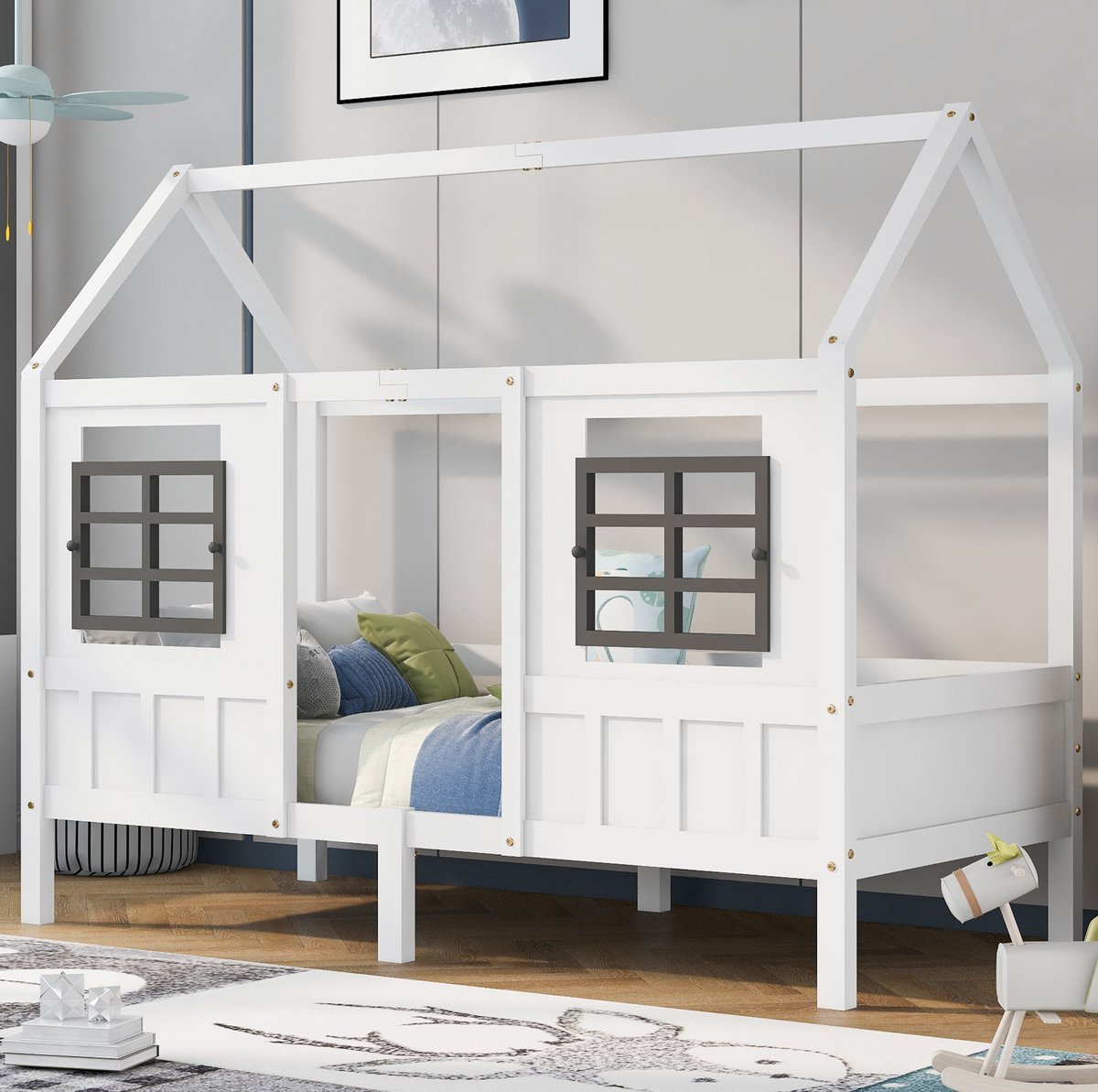 COVREO Kinderbed 200x90 cm wit hout en MDF, met ramen, zonder matras