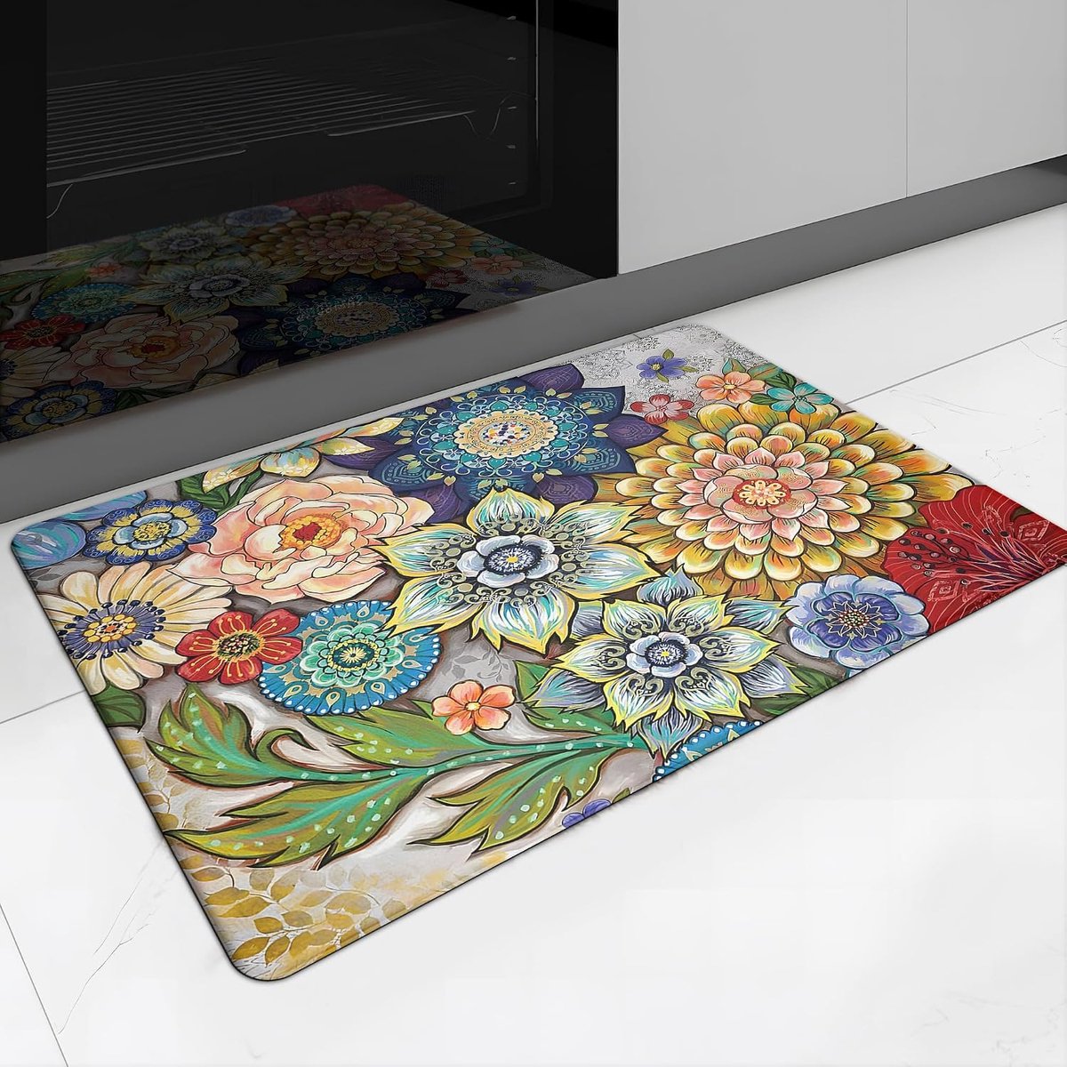 1 antislip vloermat in bohemianstijl - 50 × 80 cm - Opvouwbaar - Bloemenpatroon - Antislip, waterdicht en comfortabel – Geschikt voor keukens, kantoren, wasruimtes, enz. - Kleurrijk
