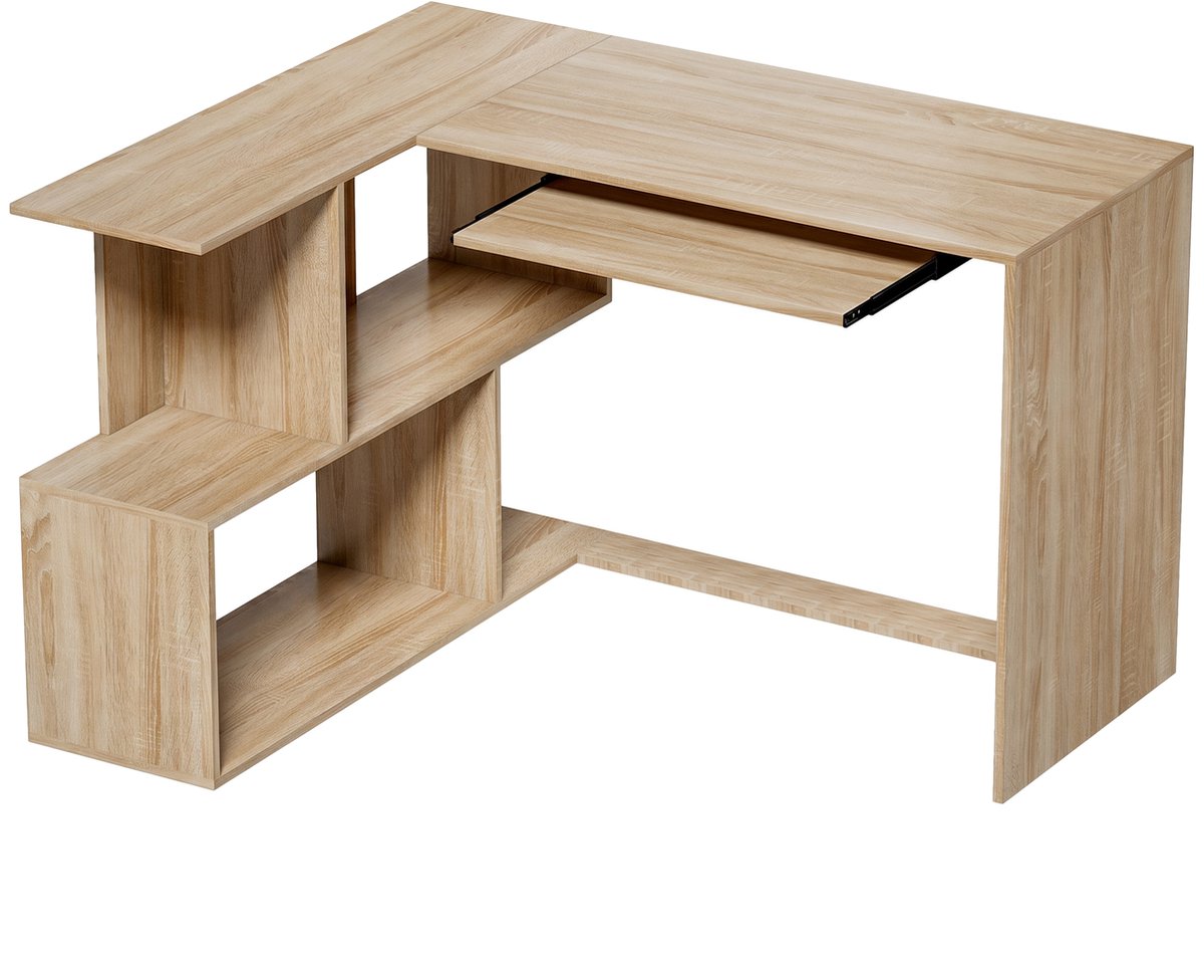 TEKROA® Bureau - Hoekbureau L-Vormig Computerbureau met Toetsenbordhouder en 4 Open Vakken - 120x100x76 cm - Naturel