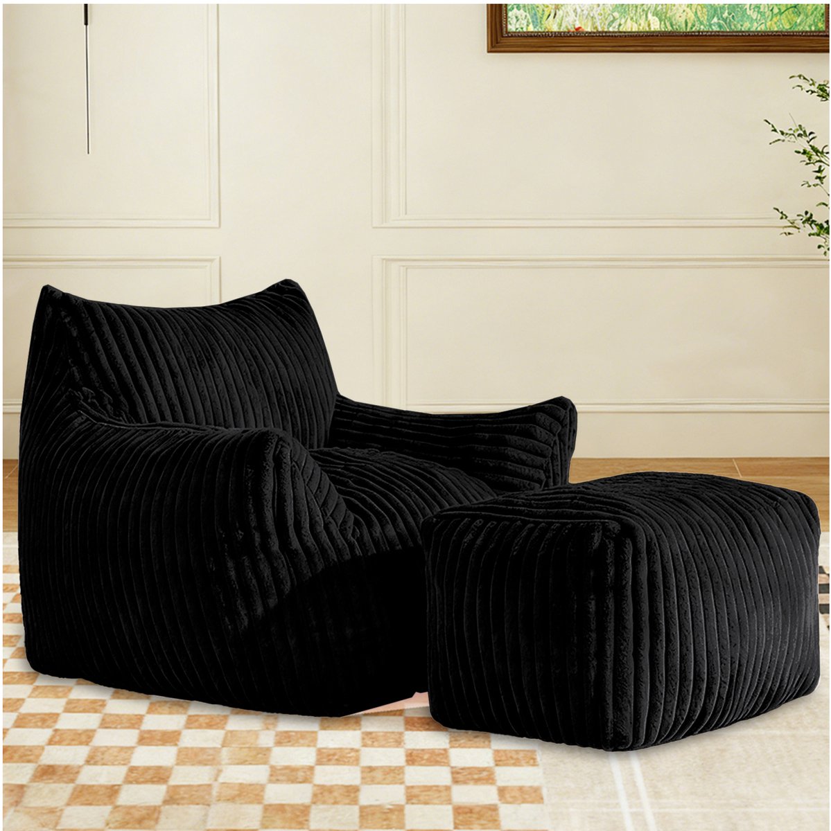 Welltin Zitzakstoel - Bean Bag - Ligstoel met gebogen profiel en bijpassende voetenbank - ergonomische zitervaring - Zwart