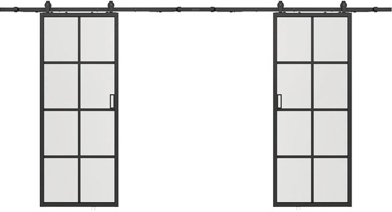 Deux portes coulissantes en acier noir, chacune avec huit panneaux de verre.