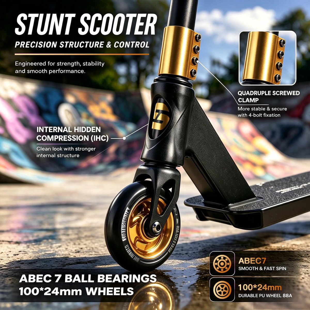 SnelShoppen - Stuntstep 360° Besturing, Trick Scooter met Chroom ABEC-7 Lager, 100mm PU Wielen, Aluminium Zwart-Goud, Laadvermogen 100 kg, Voor Kinder
