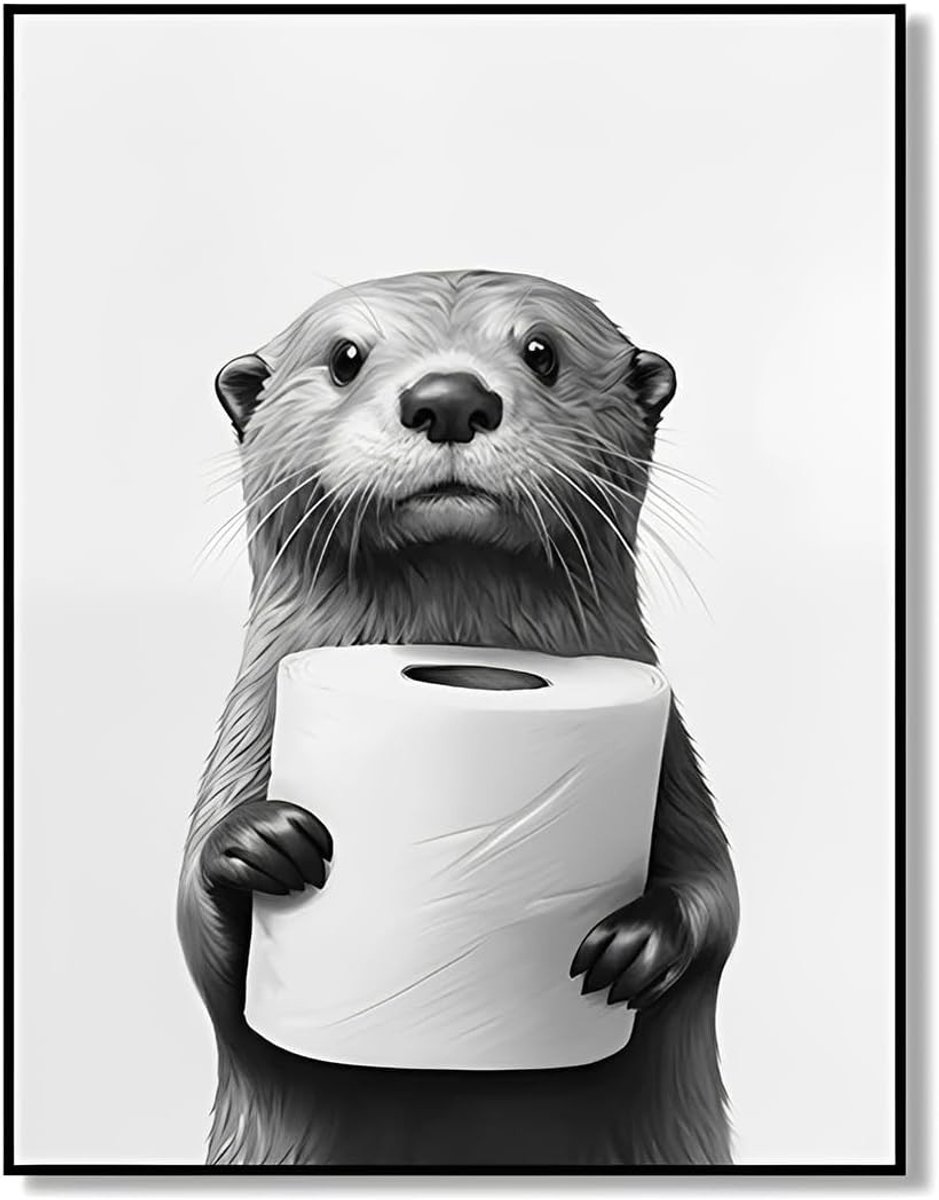 Grappige Otter met Toiletpapier - Wanddecoratie voor Badkamer (20 x 30 cm) - Kunstprint voor Dierenliefhebbers en Humor in Huis