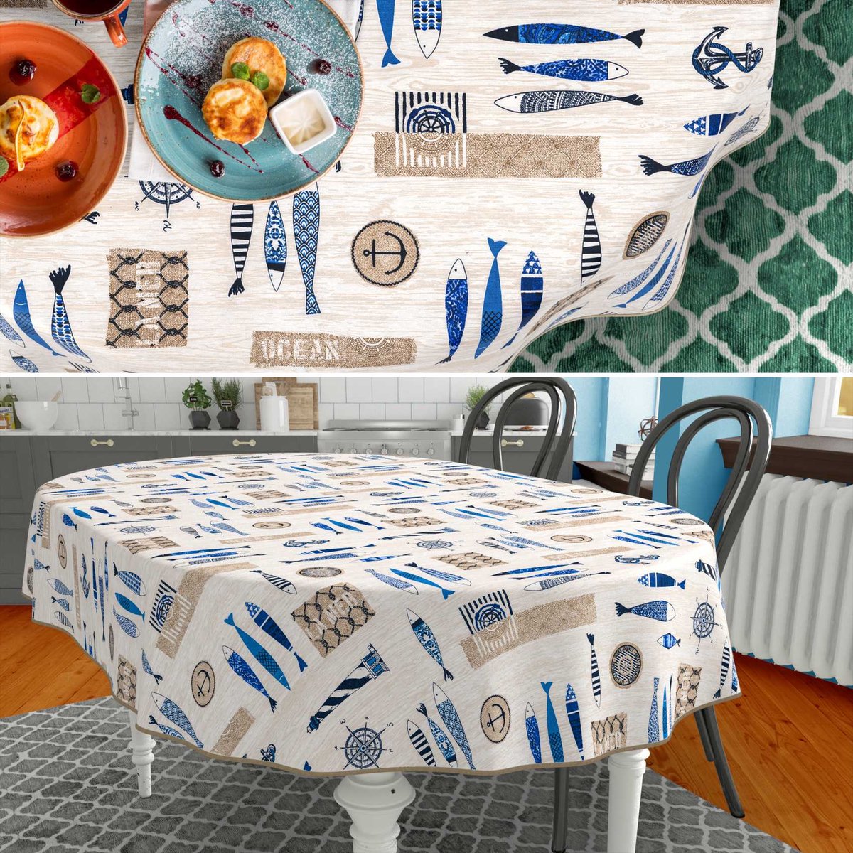 ANRO Tafelkleed Maritiem Blauw Ovaal 200x140cm Met sierband Afwasbaar Waterafstotend Binnen & Buiten