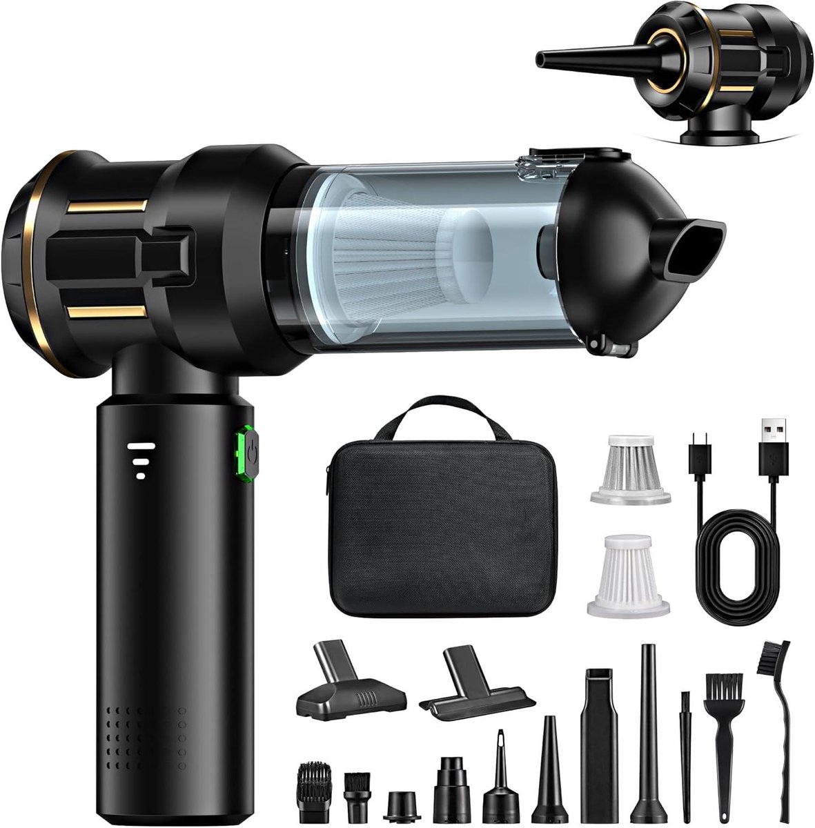 Draadloze Handstofzuiger - Mini Auto Stofzuiger - Auto en Thuis - 4-in-1 Blaas Zuig - 25.000 Pa - Zwart