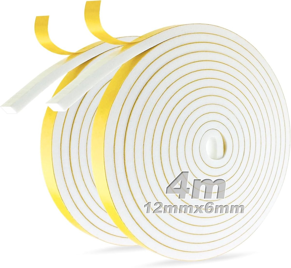 Witte Zelfklevende Foam Tape 12mm x 6mm voor Ramen en Deuren, Geluidsisolatie en Luchtdichting, 2 Rollen van 4 Meter Elk