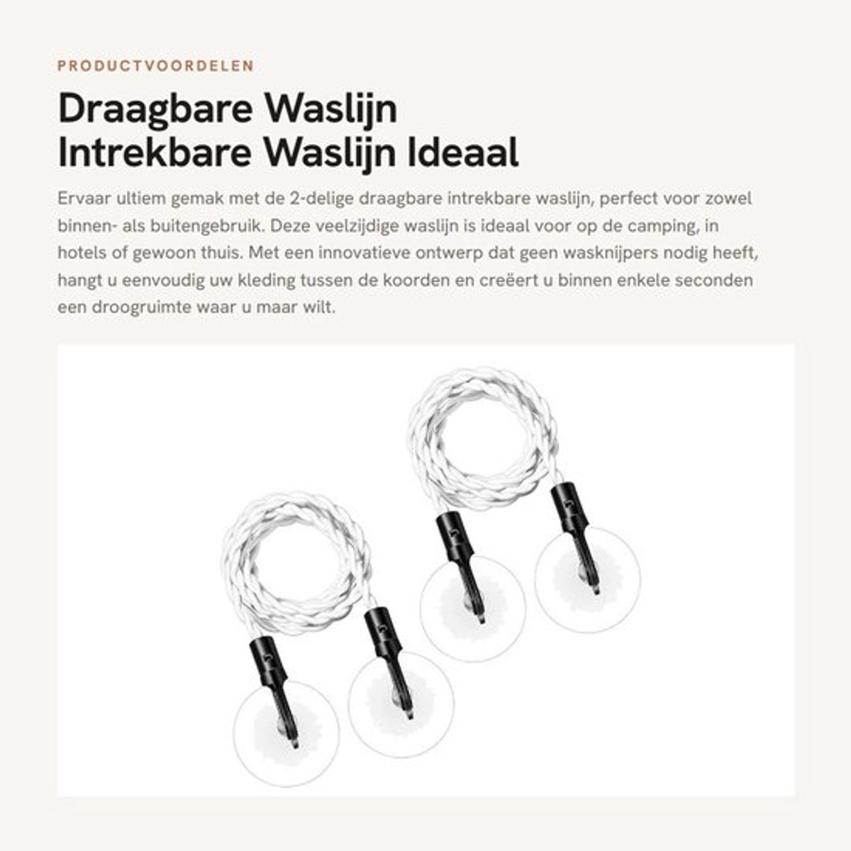 Waslijn Intrekbaar - Draagbaar - Haken/Zuignappen - Campingaccessoires - Voor Binnen/Buiten - Rubberband - Drooglijn