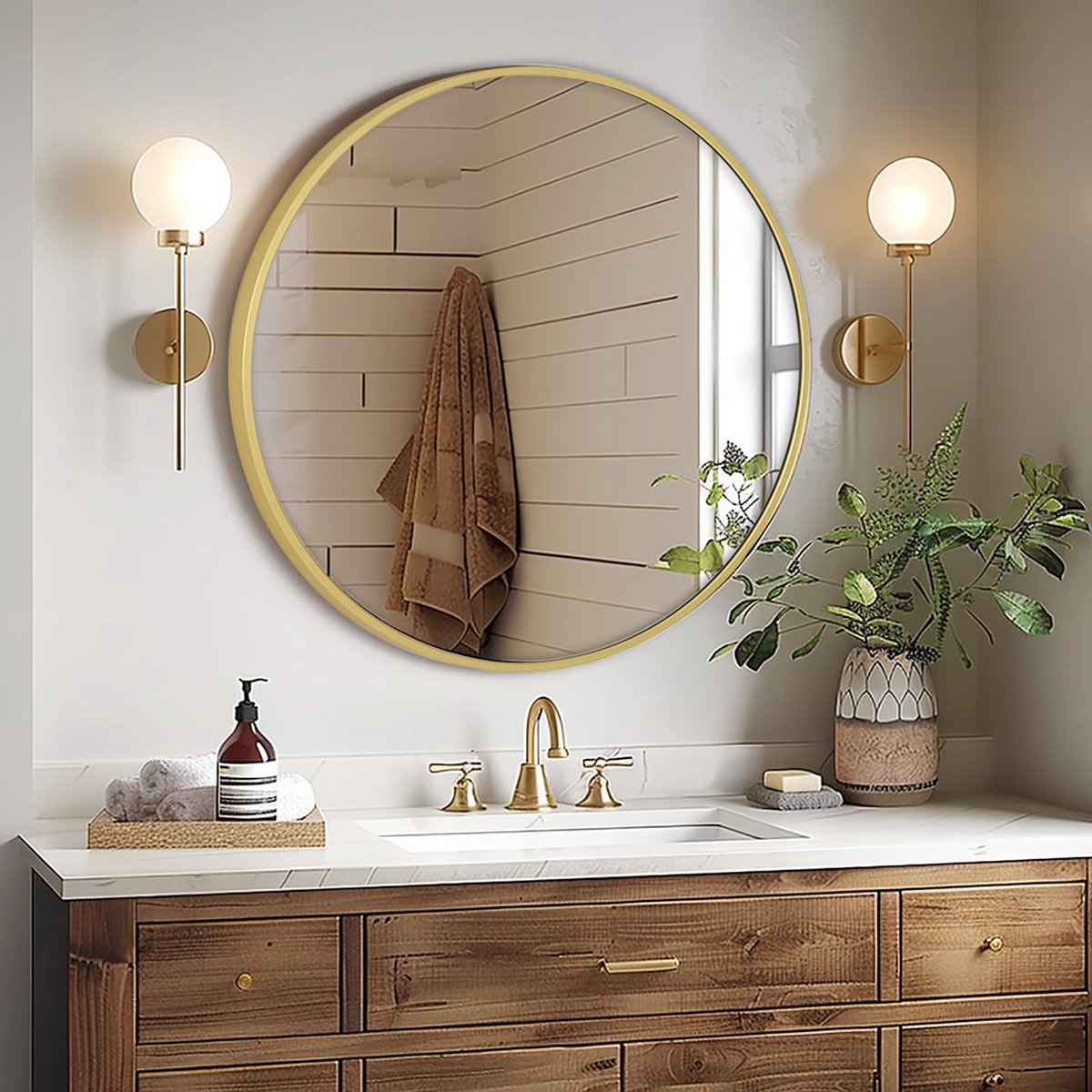 SnelShoppen - Melodieuze Ronde Wandspiegel 60 cm - Gouden Cirkel Wandmontage Spiegel - Decoratieve Vanity Spiegel voor Badkamer, Woonkamer en Hal