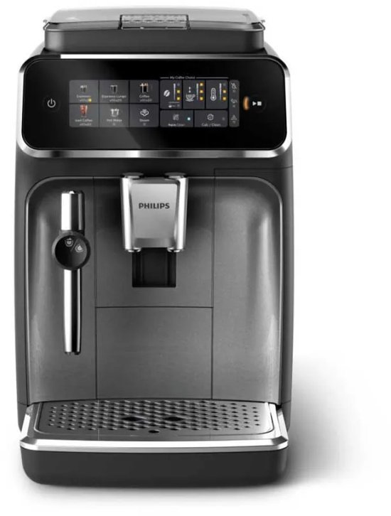 Vooraanzicht van een zwarte Philips volautomatische espressomachine met zilverkleurig bedieningspaneel.