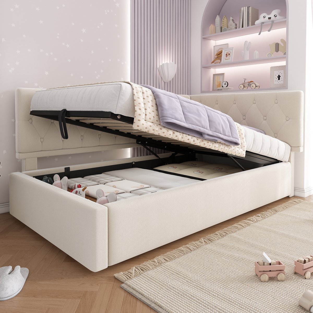 COVREO Bedbank 90x200 cm 100 x 206 x 77 cm beige met opbergruimte zonder matras