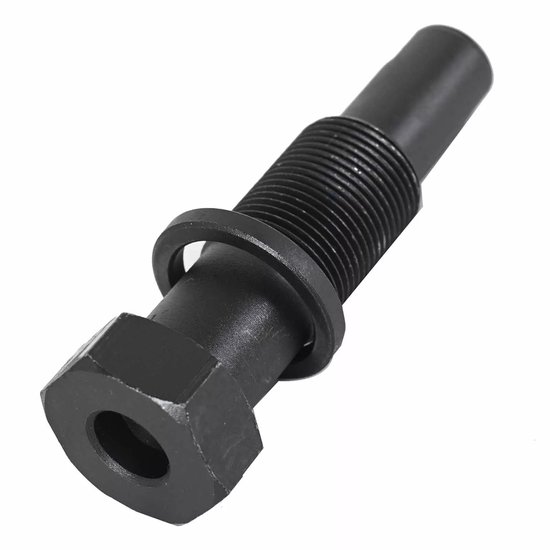 Zwarte kettingspanner met zeskantmoer en een ring.