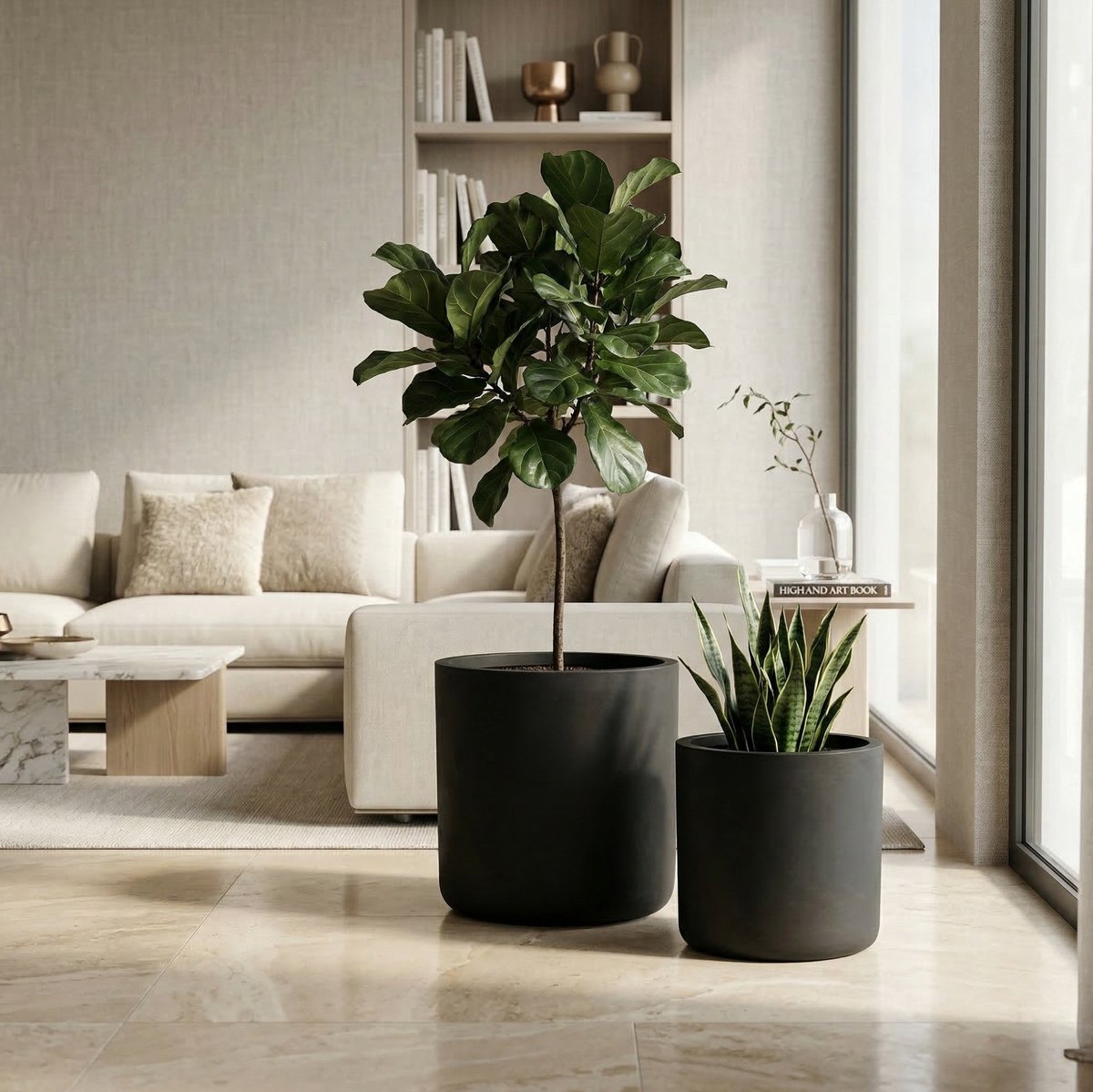 MODENUIT Bloempot – Set Van 2 – 40 x 40 cm en 34 x 32 cm – Beton – Zwart – Voor Binnen & Buiten
