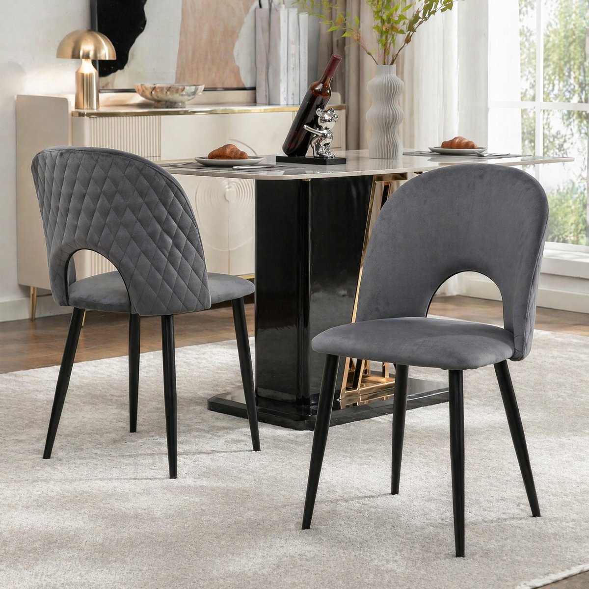 MEUNIQ eetkamerstoel set van 2 - grijs velvet met metalen onderstel, opengewerkt rugdesign, geruit stiksel en verstelbare poten voor de eetkamer