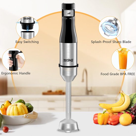 SnelShoppen - 5-in-1 Staafmixer Roestvrijstaal 1000W - Traploze Snelheidsregeling met Hakmolen, Garde, Maatbeker - Ideaal voor Babyvoeding, Sauzen en van Snelshoppen — afbeelding 5
