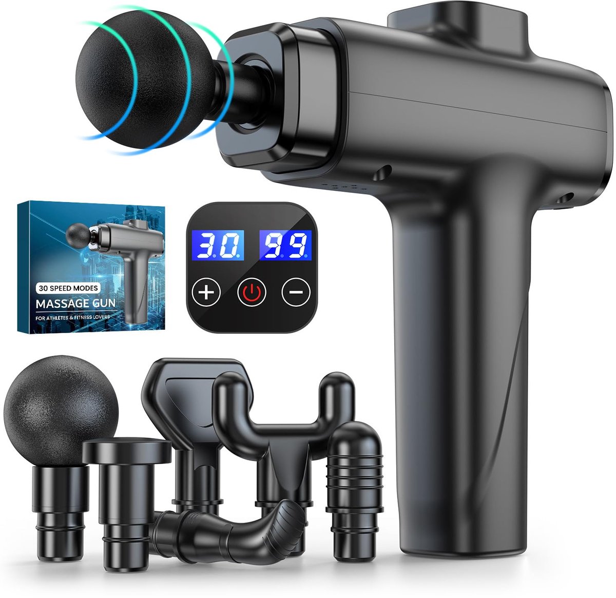 SnelShoppen - Spiermassagepistool Massage Gun Draagbare Spiermassager met Diepe Weefsels, Ultrastille 30 Snelheden, Percussiemassageapparaat met 8 Mas