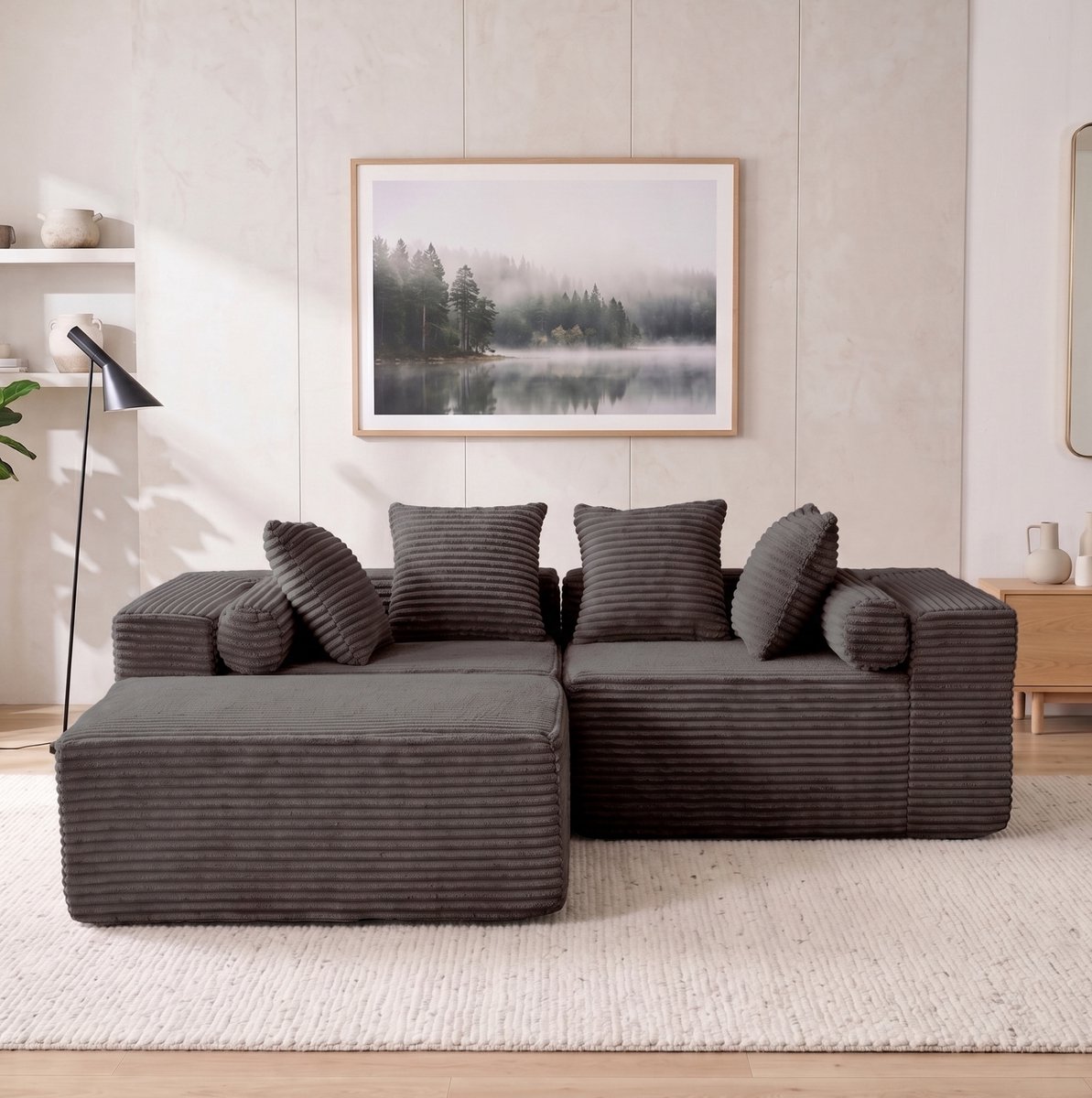OKWISH Hoekbank 266 x 110 x 60,01 Cm - 3-Zits Modulaire L-Vorm Met Chaise Longue Zonder Montage - Woonkamer Of Slaapkamer - Chenille Stof - Zwart