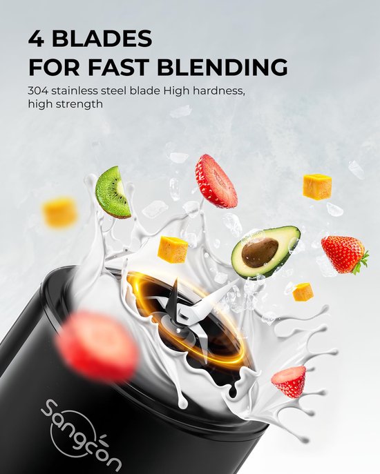 SnelShoppen - Draagbare Sportblender Smoothie Maker, Elektrische Mixer met 2 BPA-vrije 600 ml Tritan To Go-fles, 4 Messen, Pulse-knop, Zwart - Perfect van Snelshoppen — afbeelding 2