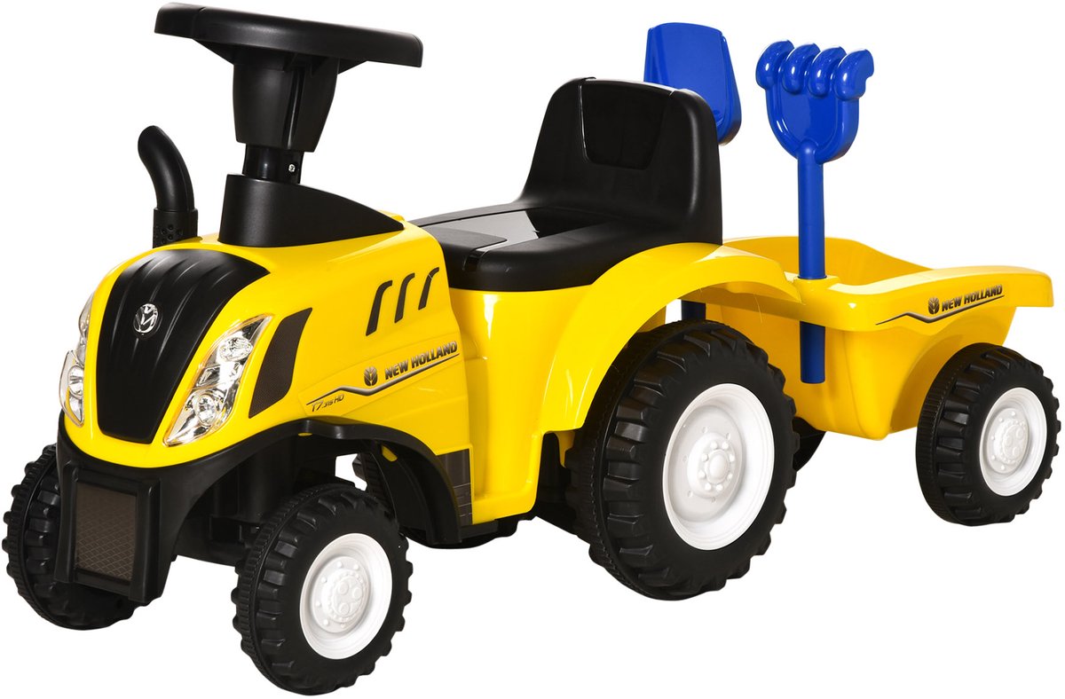 1 stuks - Kinderrijtuig tractor met sleepwagen, graafmachine en schep - educatief spel voor kinderen van 12-36 maanden - afmetingen: 91x29x44 cm - geel
