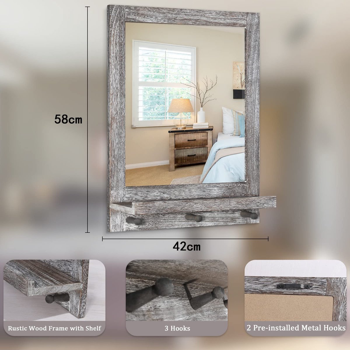 SnelShoppen - Wandspiegel met Plank 42x58 cm - Rustiek Bruin Houten Frame - Badkamerspiegel, Woonkamer, Slaapkamer, Entree Decoratie