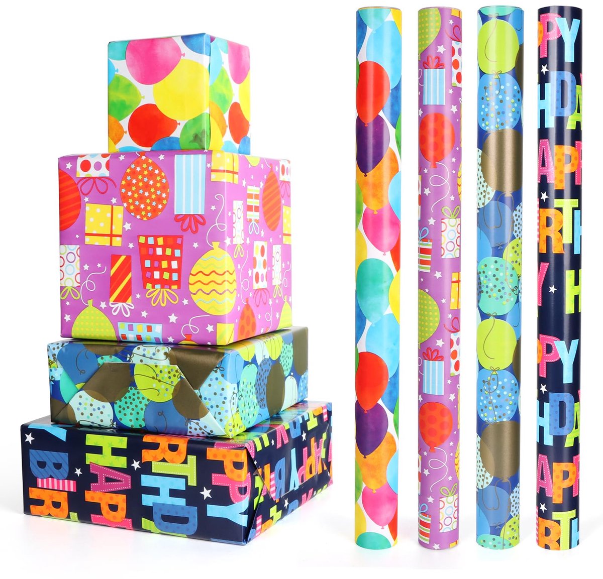 SnelShoppen - Party GO Cadeaupapier Verjaardag Bunte, 4 rollen 43 x 300 cm, kleurrijk cadeaupapier voor kinderen, meisjes en jongens, ideaal voor verj