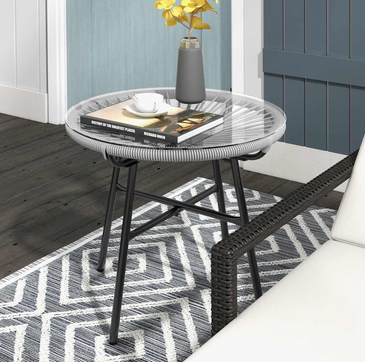 MEUNIQ ronde tuintafel 50 x 50 x 50 cm met gehard glazen tafelblad, metalen frame en PE-rattan rand, bijzettafel voor balkon en terras in zwart en grijs