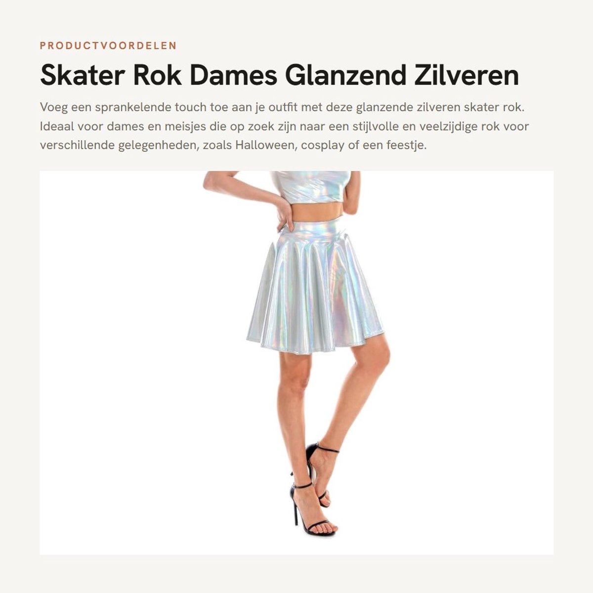 Dailygoods- Skaterrok Glanzend Zilver - Korte Rok - Hoge Taille - Maat L - Elastische Tailleband - Lichtgewicht Polyester/Spandex