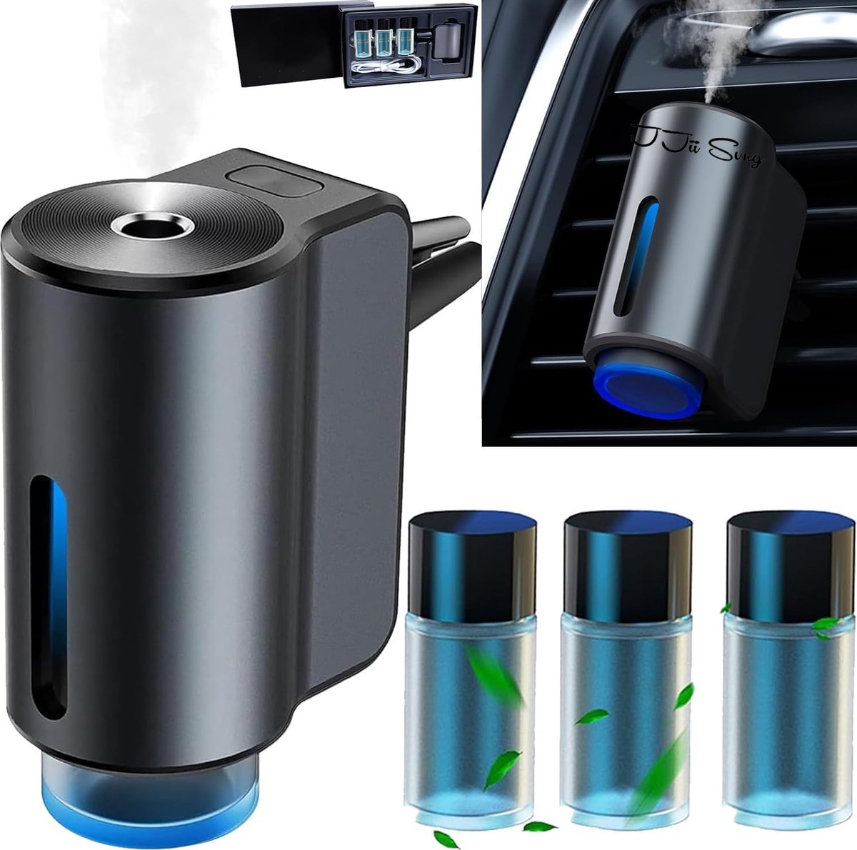 SnelShoppen - Elektrische Auto Luchtverfrisser met 3 Parfums, Ultrasone Vernevelaar, Intelligente 3 Modi, Automatische Aan/Uit, Ingebouwde Batterij, 3