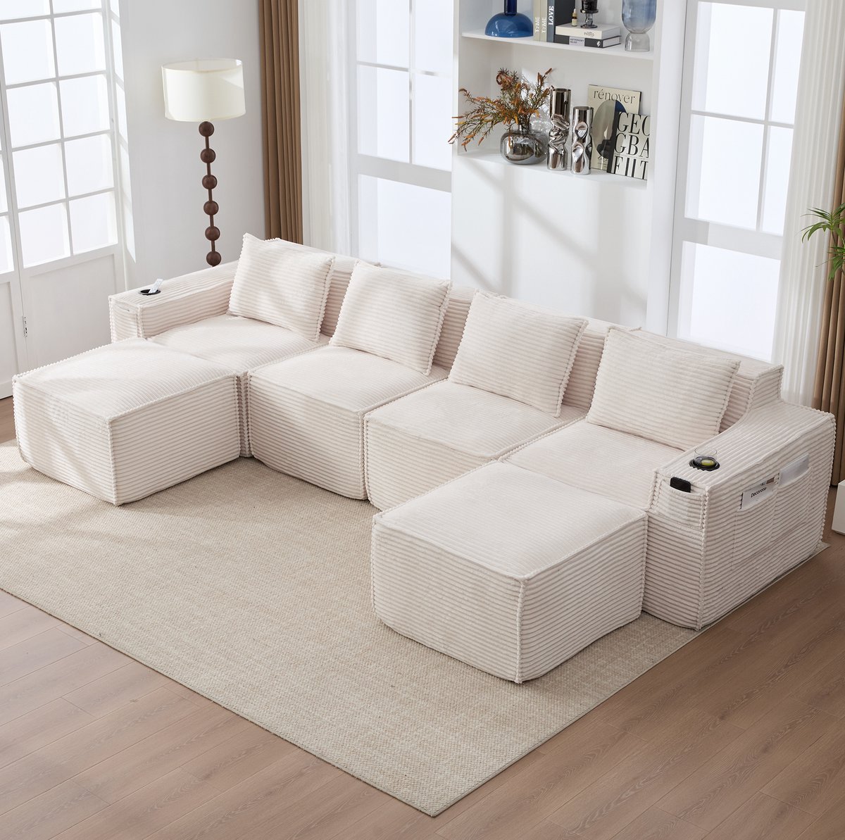 FloraGrace Set 330 x 162 cm - Modulair 4-Zits Cordsofa Met 2 Hockers, Bekerhouders En Zijtassen - Voor Woonkamer Of Appartement - Corduroy - Beige