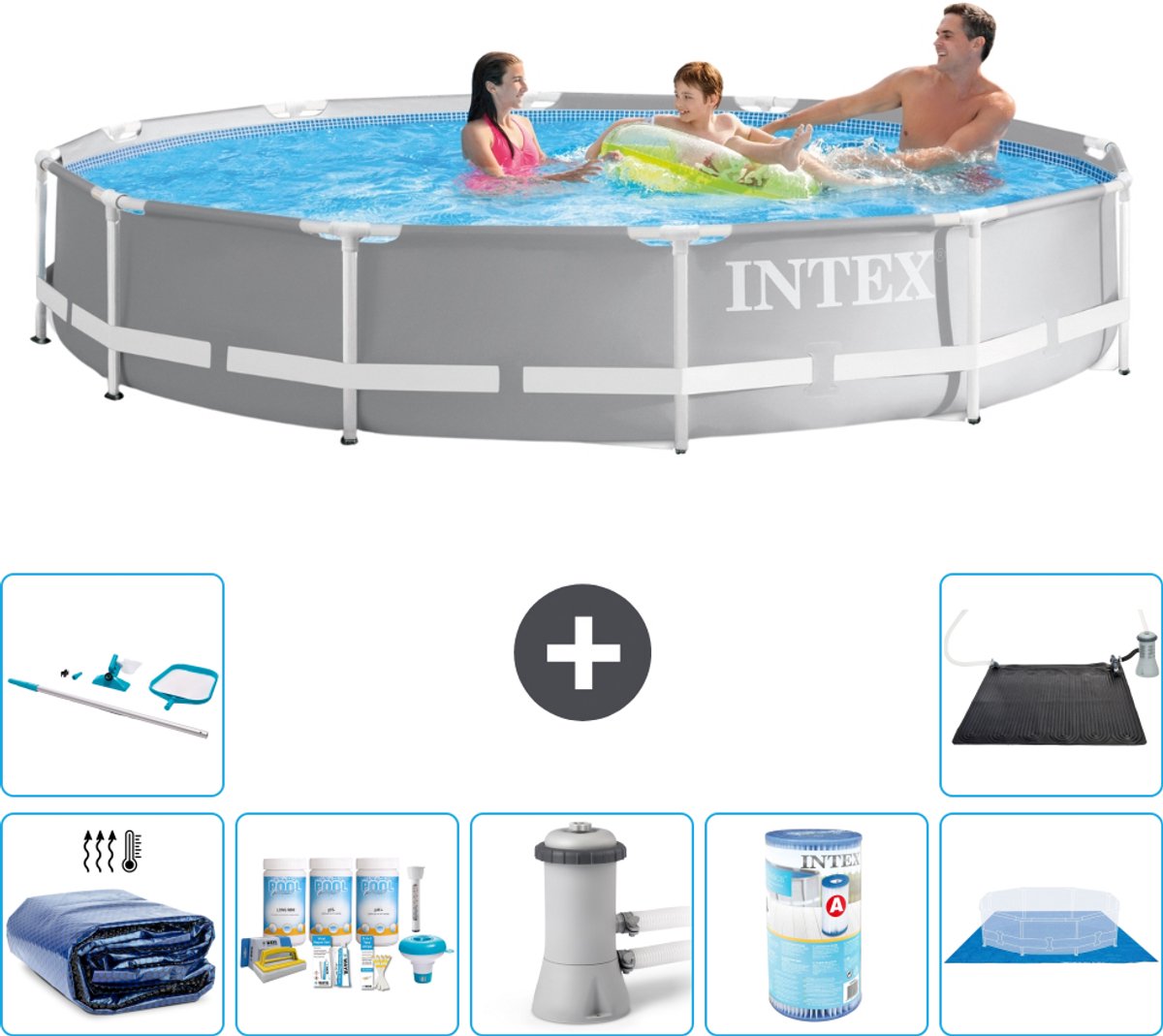 Intex Rond Prism Frame Zwembad - 366 x 76 cm - Grijs - Inclusief Solarzeil - Onderhoudspakket - Zwembadfilterpomp - Filter - Grondzeil - Schoonmaakset - Solar Mat - 8-delig