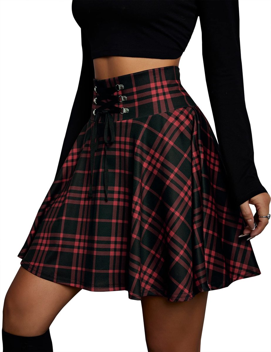 Damesrok hoge taille - Geruit/plooirok - Gothic stijl - Casual rok - Zwart-rood ruitpatroon - Met zakken en riem