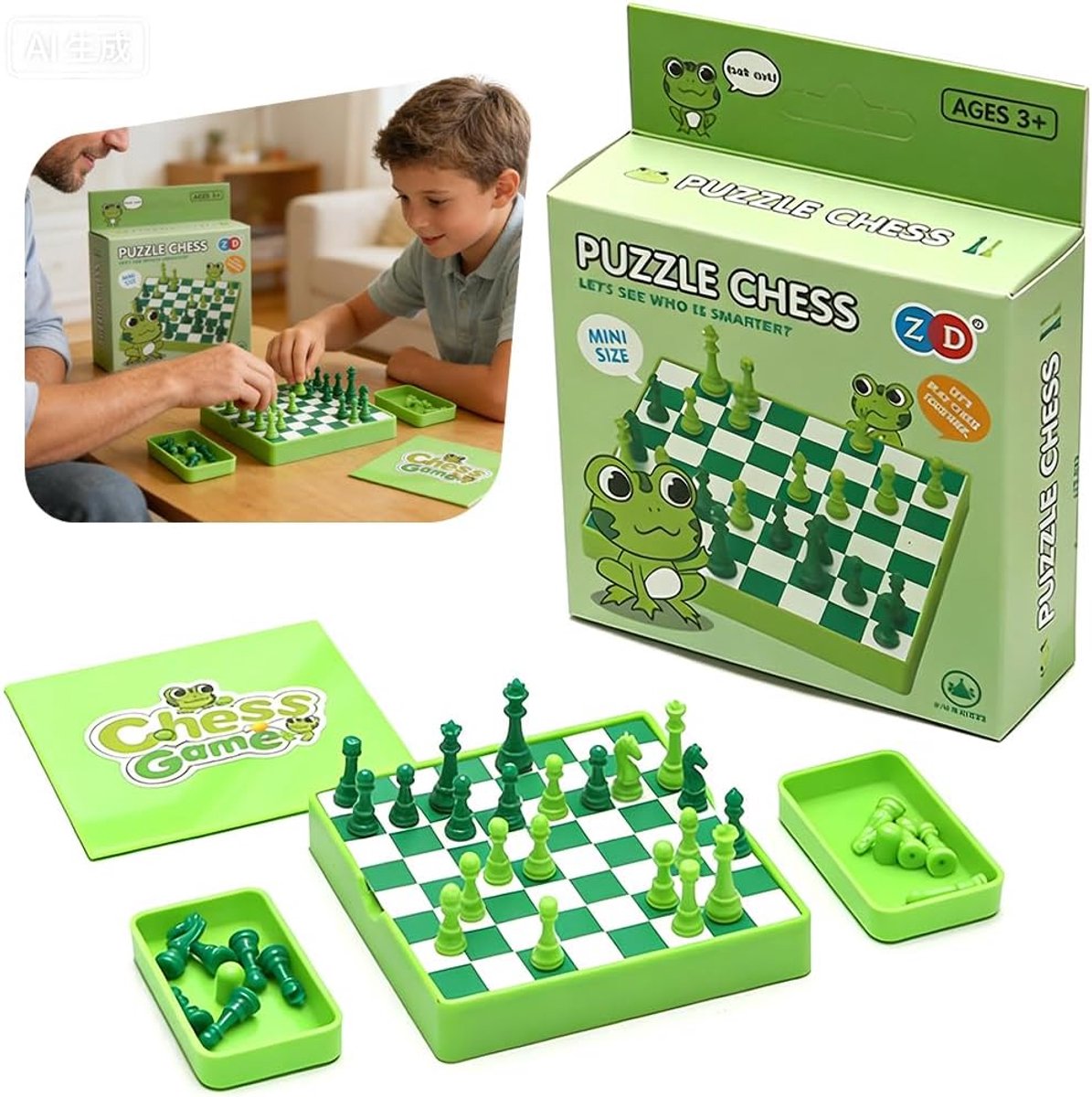Thijox - 36 Stuks Kikkerschaakspelletjes - Draagbare Mini-Schaakset voor Reizen - Educatief Bordspel voor Kinderen en Volwassenen - Diepgroen/Lichtgro