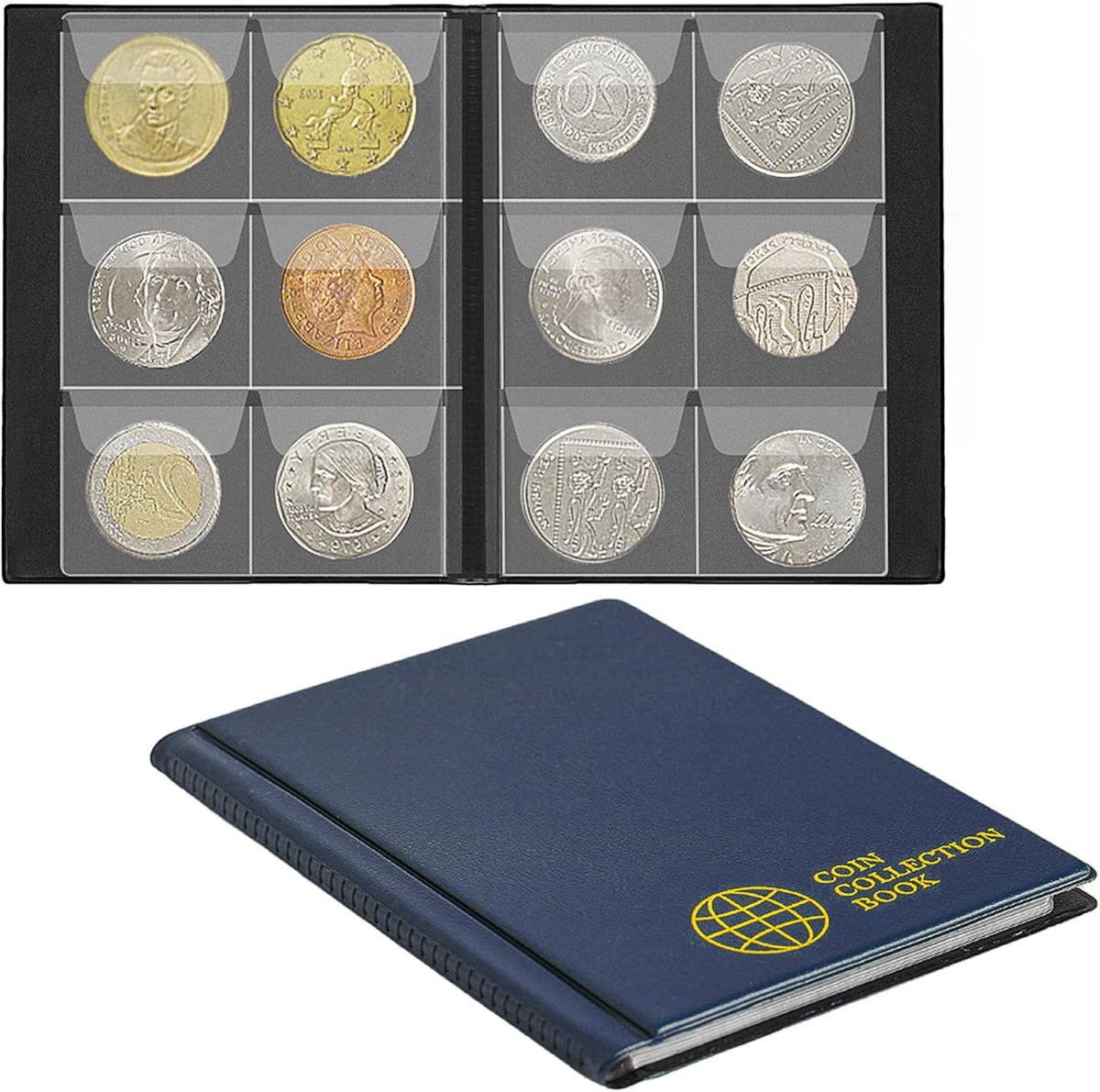 SnelShoppen - Coin Collectie Album 60 Pockets - 4.5x4.5cm Munthouder Boek - PVC & Kunstleer - Blauw - Voor Verzamelingen - Compact & Draagbaar