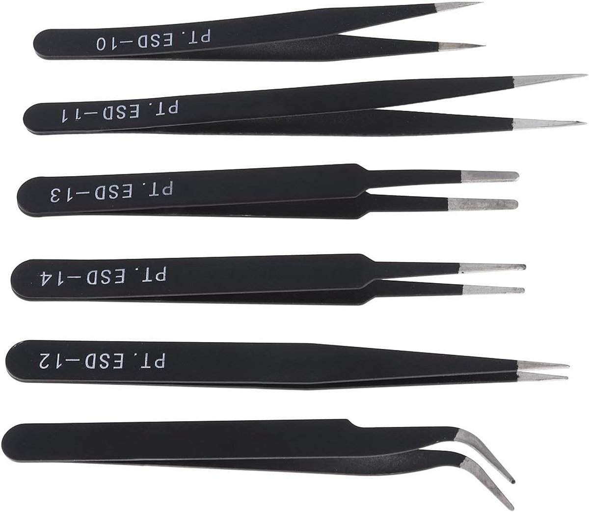 Thijox - 6-delige Precisie Pincet Set - Antistatisch Roestvrij Staal, Gebogen en Rechte Pincetten voor Sieraden, Elektronica, Ambacht - Zwart, ESD-10