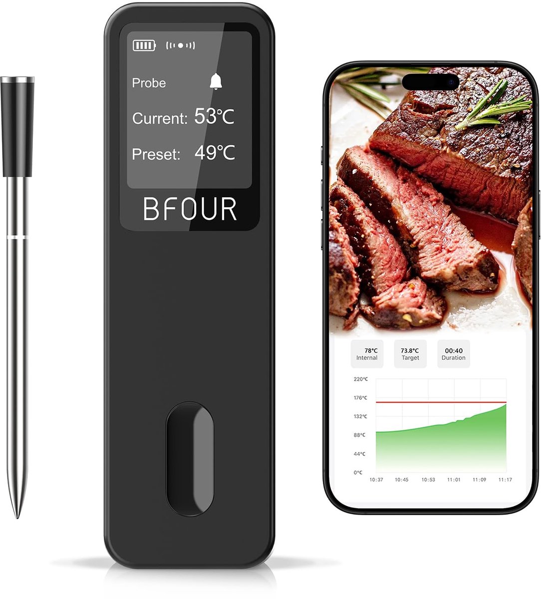 Thijox - Draadloze Vleesthermometer Bluetooth - Dubbel Alarm & App-Bewaking - IP67 Waterdicht - Oventhermometer voor BBQ, Grill, Oven, Rookoven, Rotis