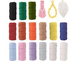 Thijox - Macramégaren Set 15 Stuks - 2 mm x 30 m - Kleurige Katoenen Touw voor Macramé, Knutselen, DIY, Boho Decoratie, Wandbehang, Natuurlijk en Mili