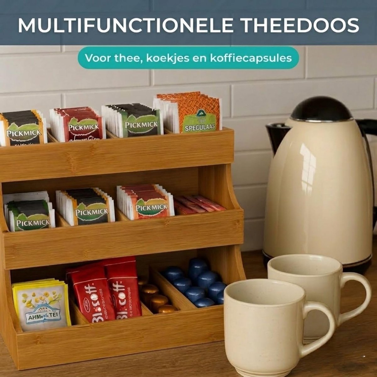 SnelShoppen - Theedoos 12 Vaks - Bamboe Thee Organizer - Stijlvolle Theehouder - Theebox Display voor Keuken en Tafel - Theezak Organiser Hout - Ideaa — cadeau in Wonen & Interieur - foto 4