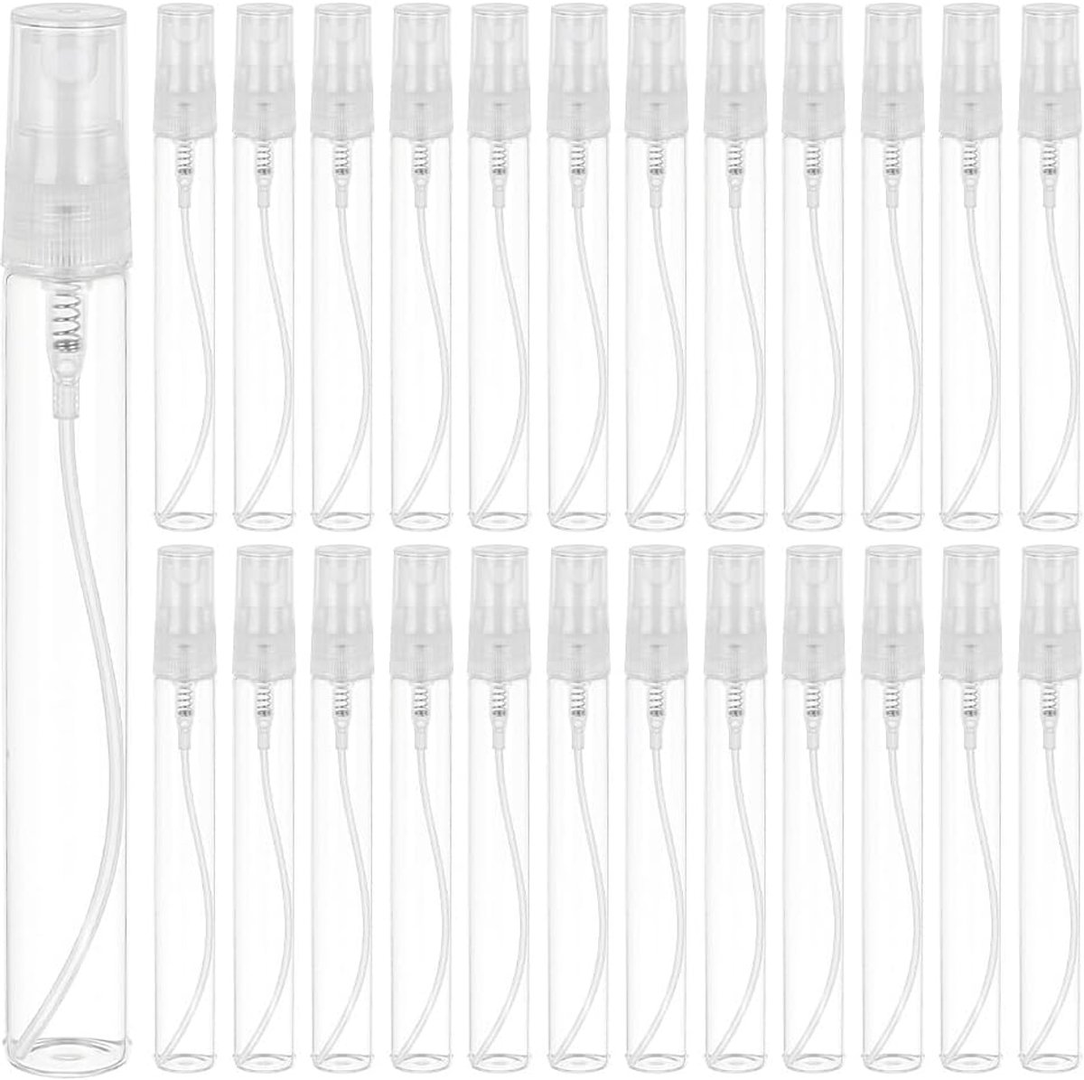 Thijox - 25 Stuks 10 ml Mini-Spuitflessen met Fijne Nevel - Transparante Lege Glazen Reisflesjes met Verstuiver en Plastic Dop voor Parfum, Cosmetica,