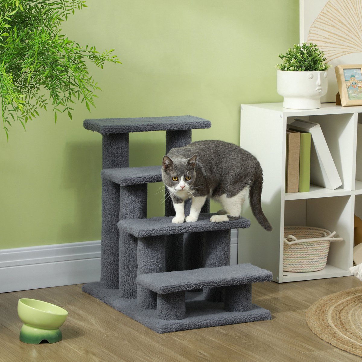 MEUNIQ loopplank voor dieren katten- en hondentrap 4 treden 63,5 x 43 x 60 cm voor sofa bed en vensterbank grijs met pluche bekleding