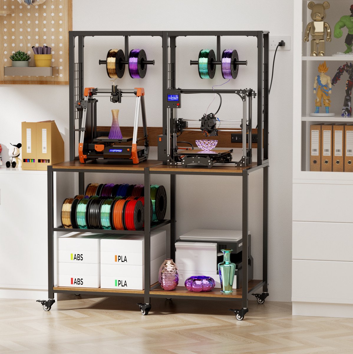 HAUSS SPOLE 3D Printerstandaard - Metalen Werktafel Met Filamentopslag En T Vormige Houder - Voor 2 Printers En Werkplaats - Zwart - 119,9 X 59,9 X 160 Cm