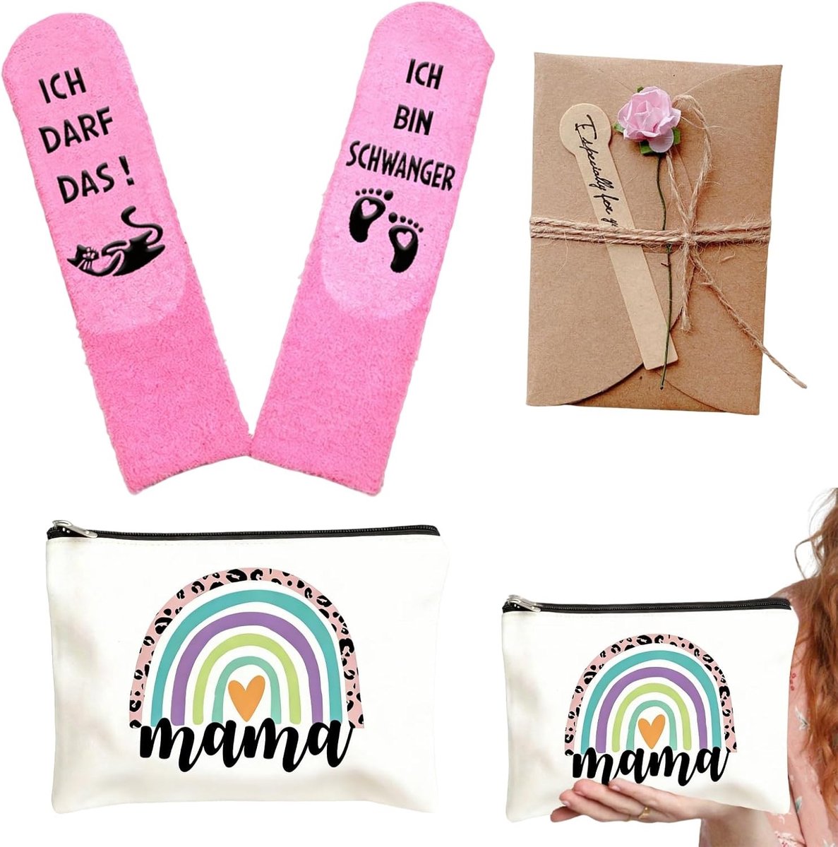 Cadeauset voor Aanstaande Moeders - Make-up Tas, Zachte Roze Sokken en Roze Wenskaart - Ideaal Kraamcadeau voor Zwangerschap en Babymoon