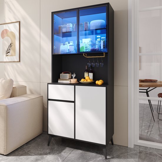 MIVRAY Dressoir Met Glazen Deuren En App Instelbare LED Verlichting Voor Keuken En Woonkamer MDF Zwart Wit 80x40x180 Cm — afbeelding 5
