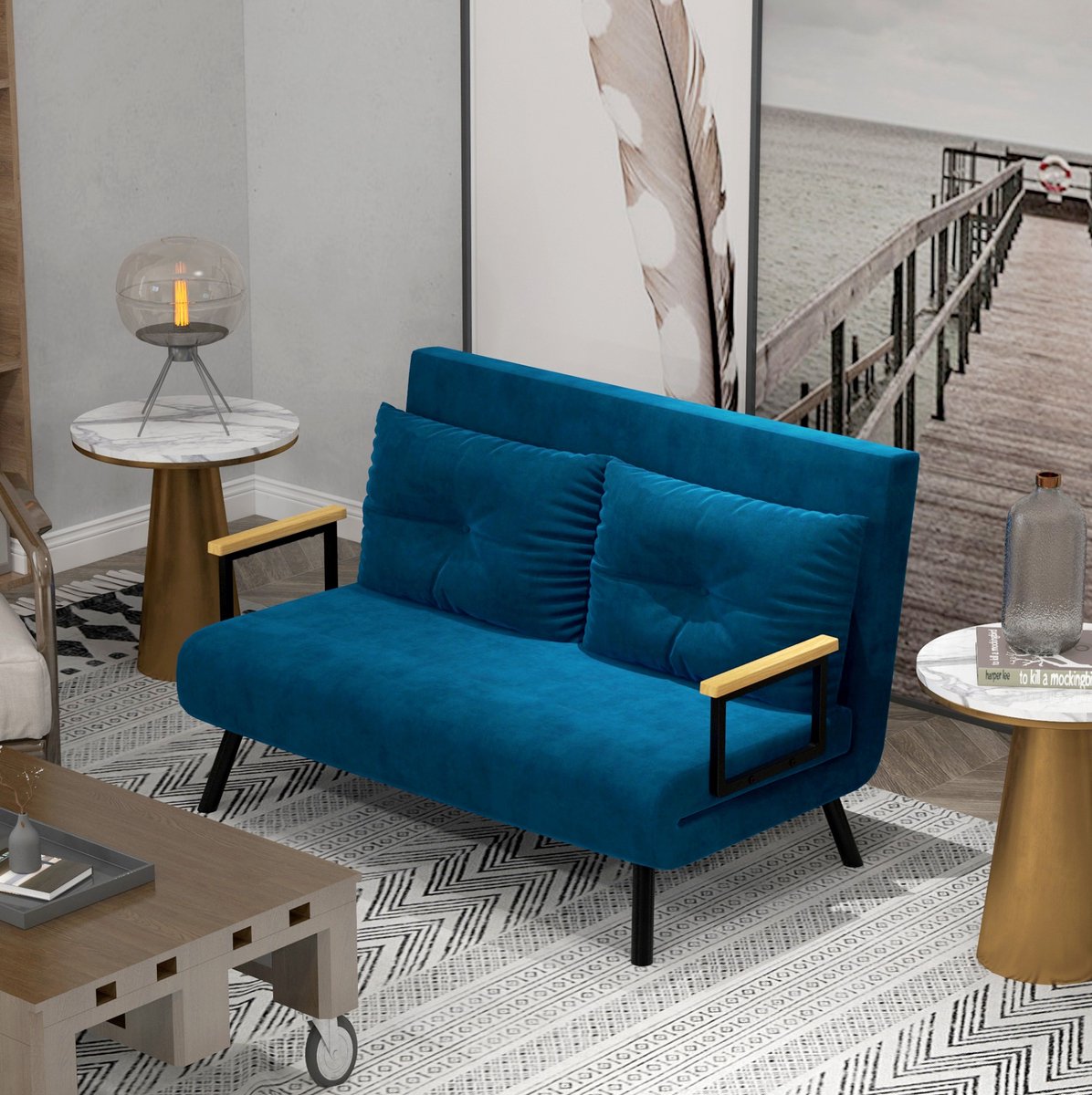 MEUNIQ relaxfauteuil met slaapfunctie 102 x 73 x 81 cm, 5-voudig verstelbare rugleuning tot 180°, velvet fauteuil met stalen frame en armleuningen, blauw