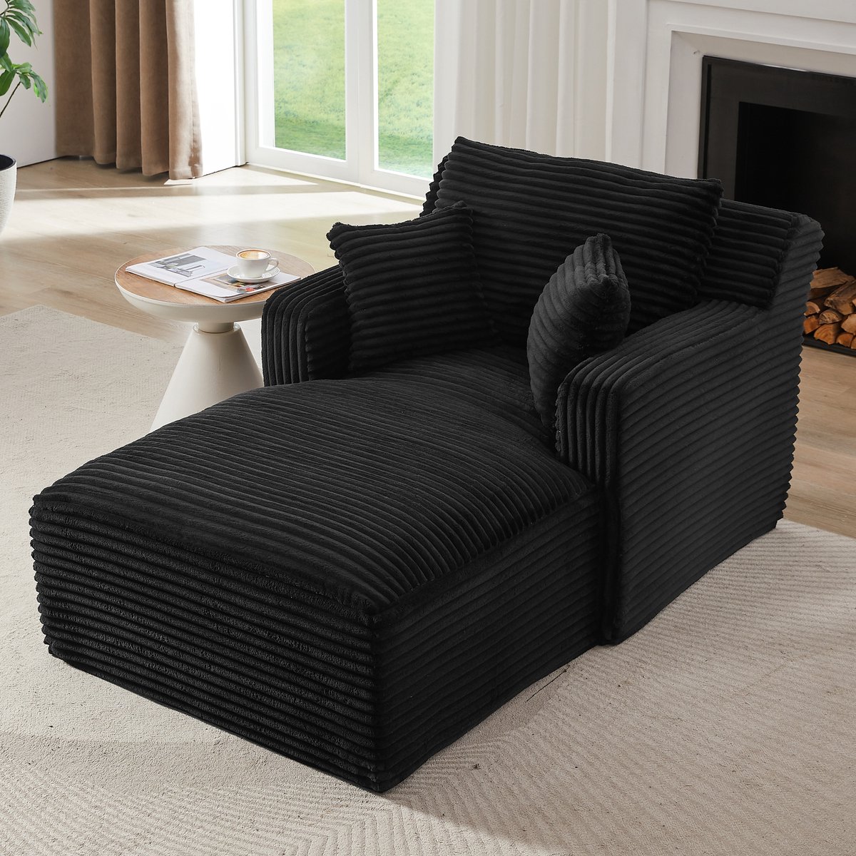 FloraGrace Chaise Longue 100 x 166 x 82 cm - 1-Zits Relaxfauteuil En Slaapsofa Zonder Montage - Voor Woonkamer Of Appartement - Ribstof - Zwart