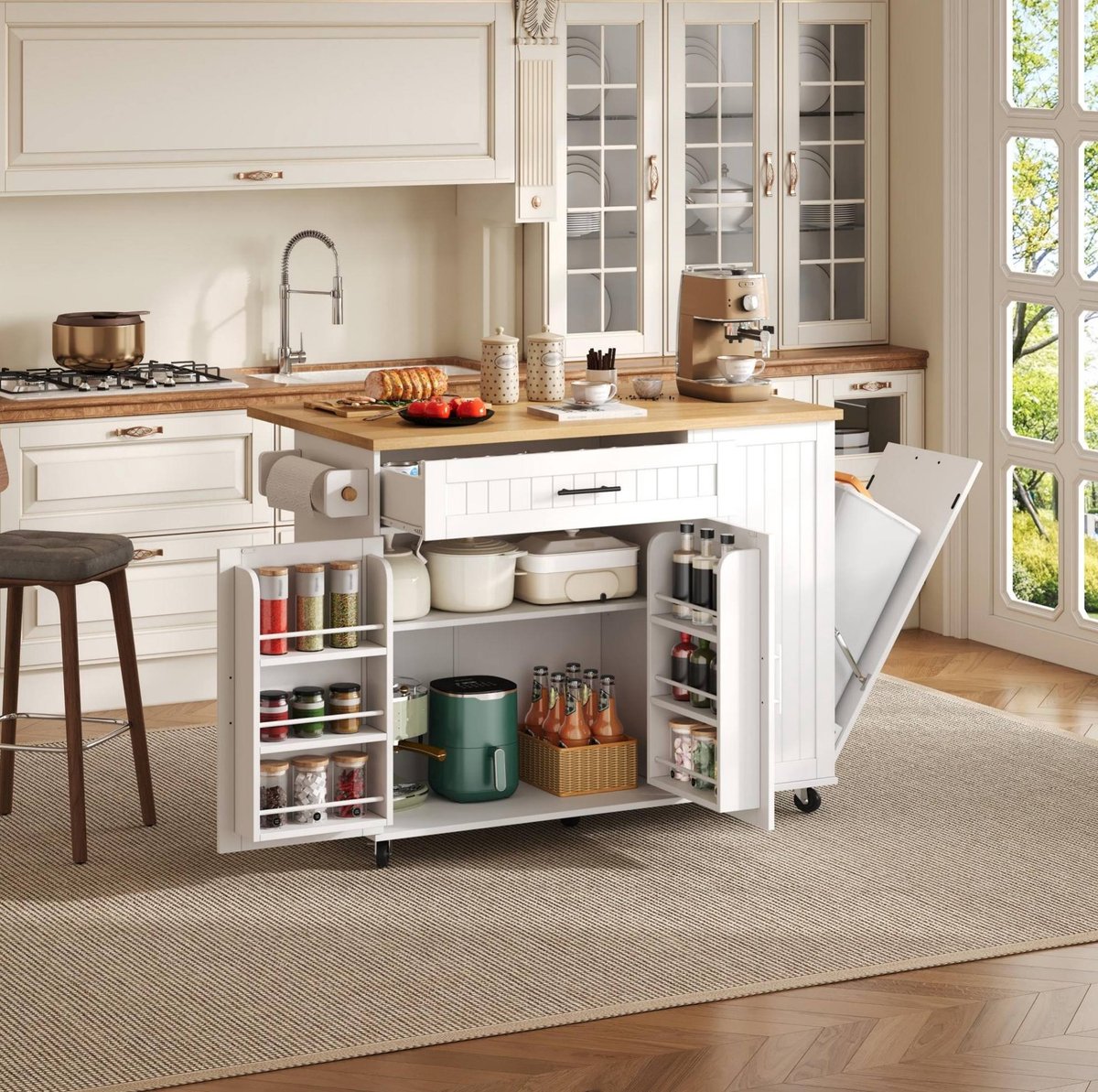 MIVRAY Keukenkast - Keukeneiland Met Klapbaar Werkblad En Verborgen Afvalvak - Verrijdbaar Voor Keuken En Eethoek - MDF - Wit - 130x70x93 Cm