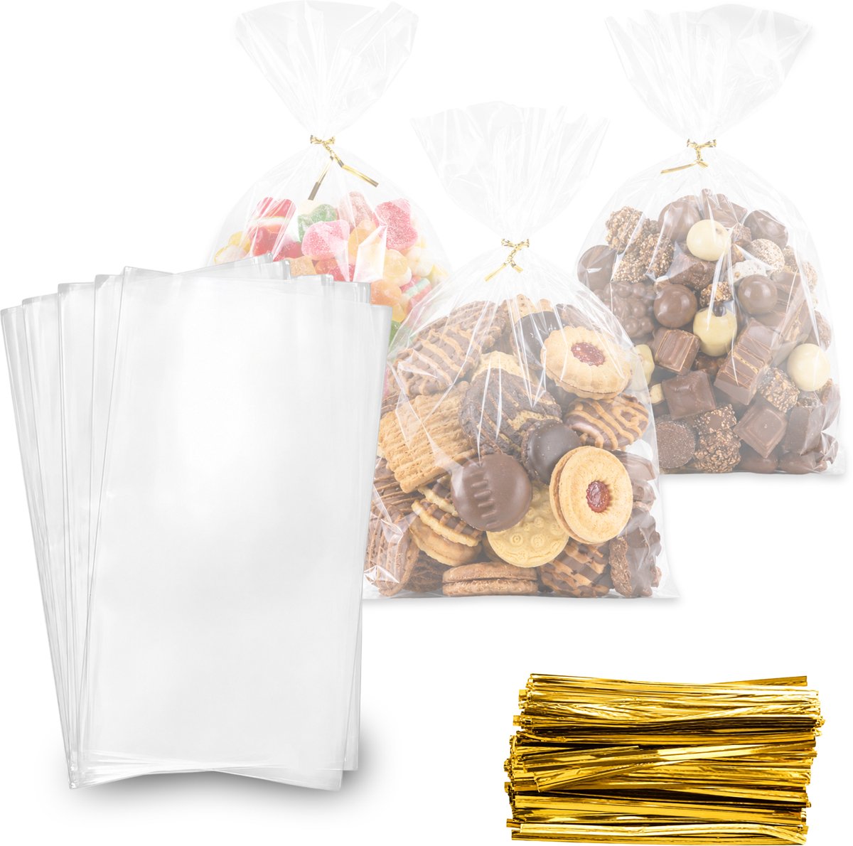 Purepeak Uitdeelzakjes Set 100 Stuks - Traktatie Zakjes met Twistbandjes - 25 x 15 cm - Transparant - Snoepzakjes voor Kinderfeestjes